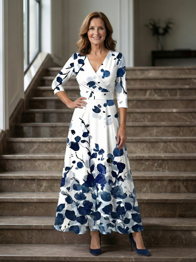 Celeste | Vestido Midi Floral con Escote Cruzado y Manga Tres Cuartos