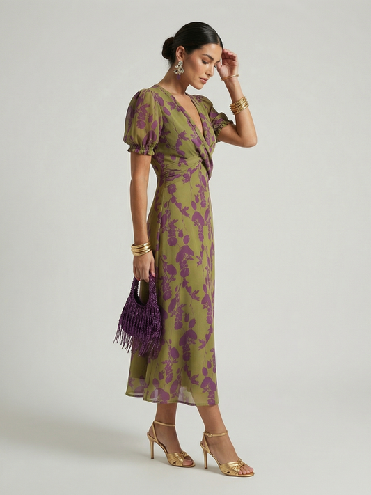 Virena | Vestido Midi Floral Cruzado de Manga Corta