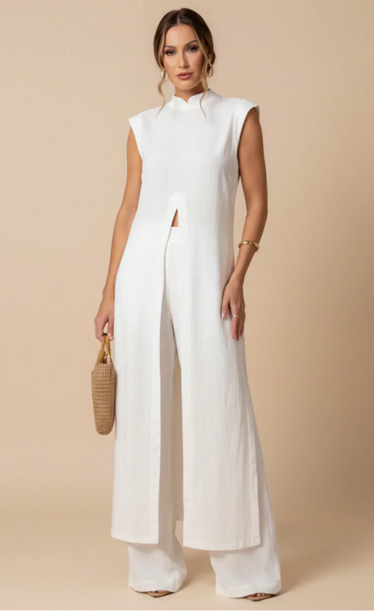Benigna | Conjunto Blanco Túnica Volante y Pantalón