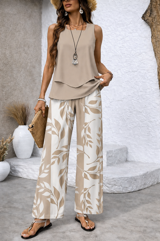 Ernestina | Conjunto Natural Blusa Beige y Pantalón Botánico