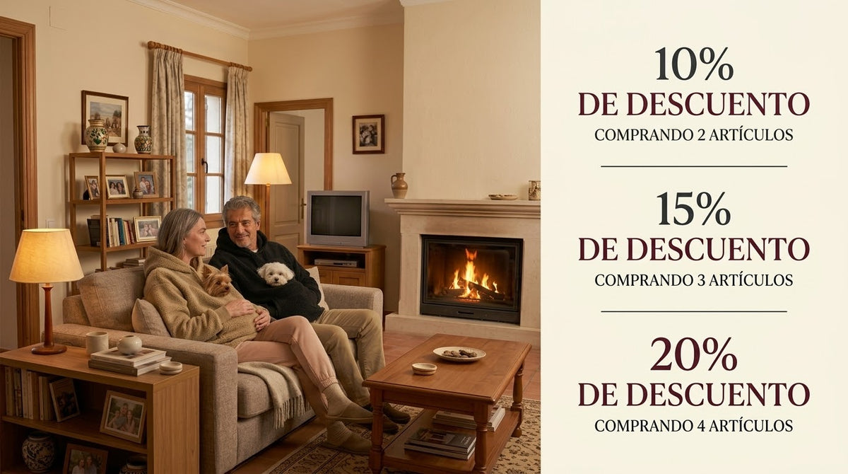 Pareja en un salón con chimenea, cada uno con un perro pequeño en su sudadera, junto a los descuentos del 10, 15 y 20 % comprando 2, 3 o 4 artículos