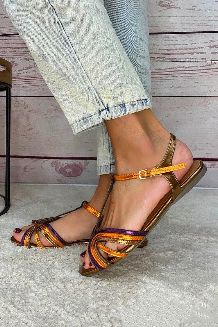 Albaira | Sandalias Doradas con Hebilla y Tira Multicolor