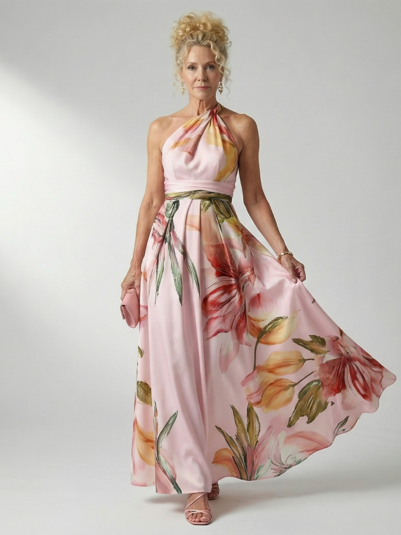 Amiela | Vestido Maxi Halter con Estampado Floral Grande