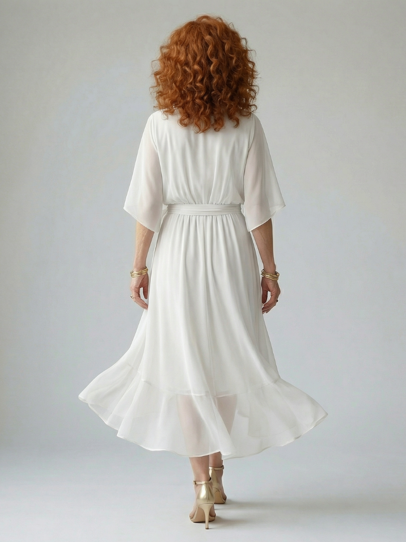 Elvira | Vestido Midi Drapeado con Cinturón y Manga Codo