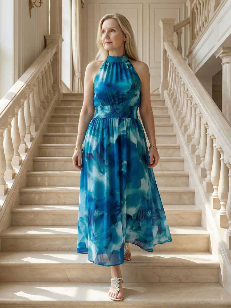Silvana | Vestido Midi Halter con Cintura Fruncida
