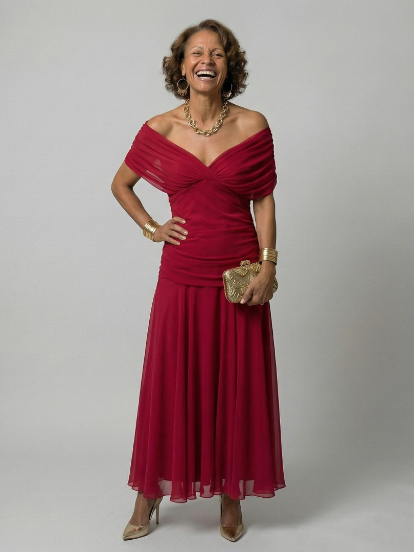 Calena | Vestido Midi Off-Shoulder con Escote Drapeado
