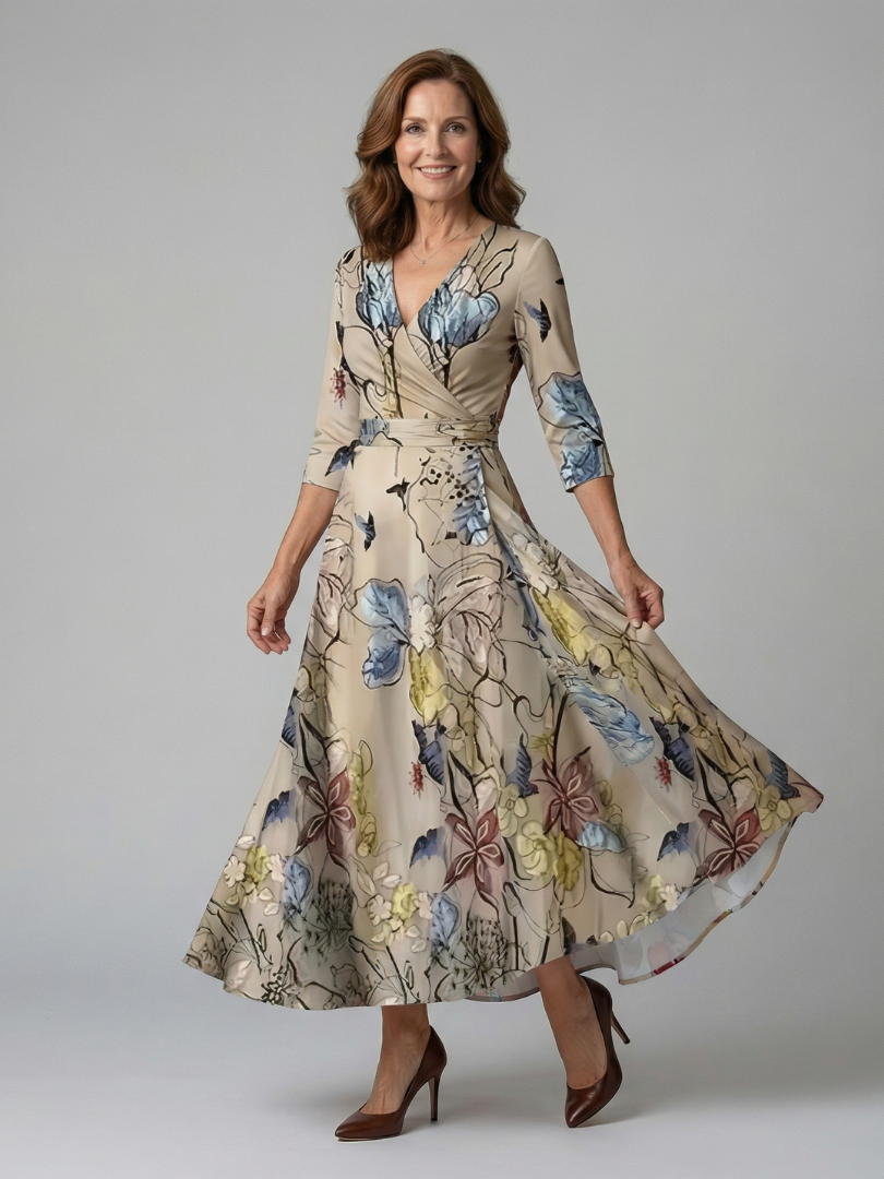 Celeste | Vestido Midi Floral con Escote Cruzado y Manga Tres Cuartos