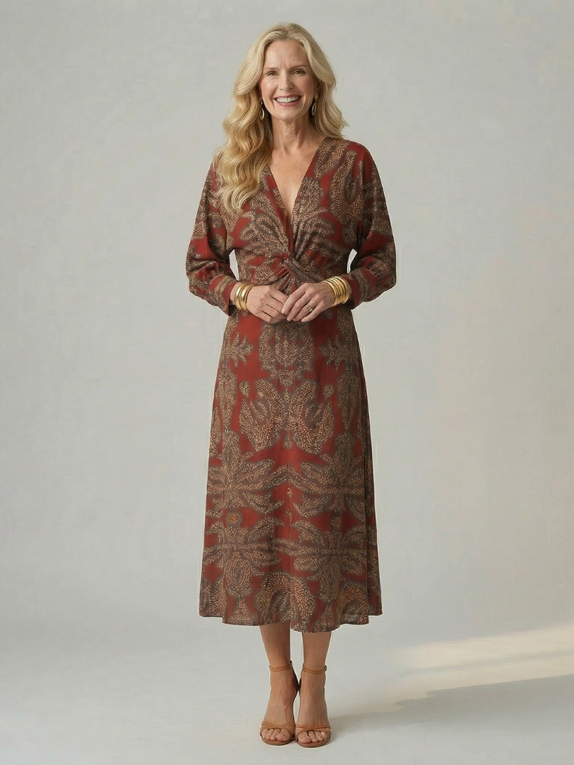 Luna | Vestido Midi Cruzado de Manga Larga con Estampado Natural