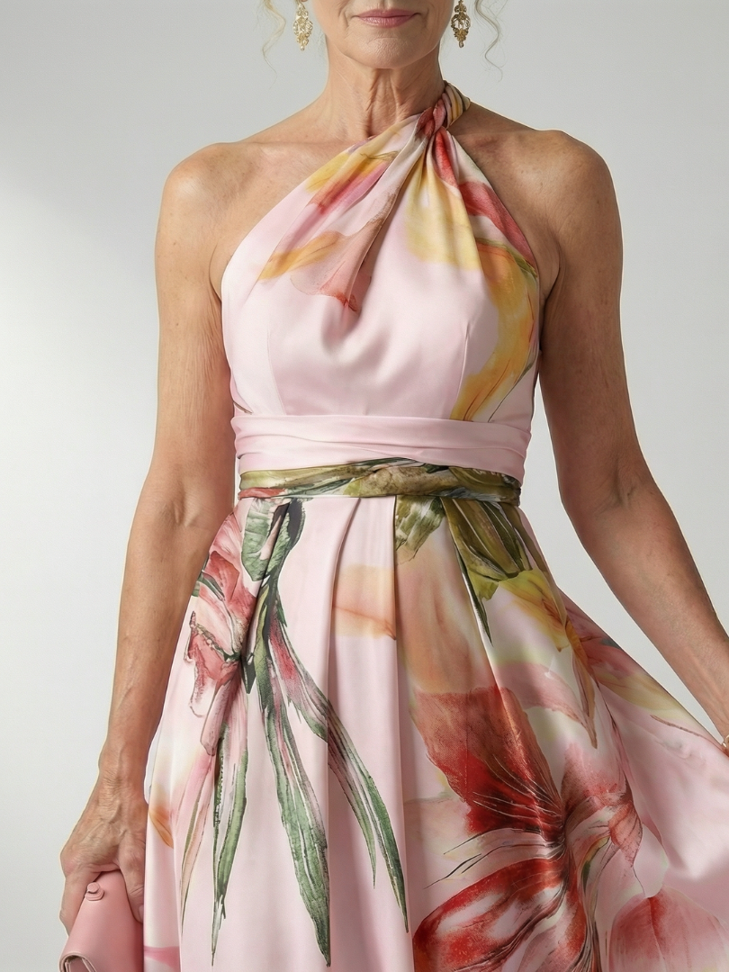 Amiela | Vestido Maxi Halter con Estampado Floral Grande