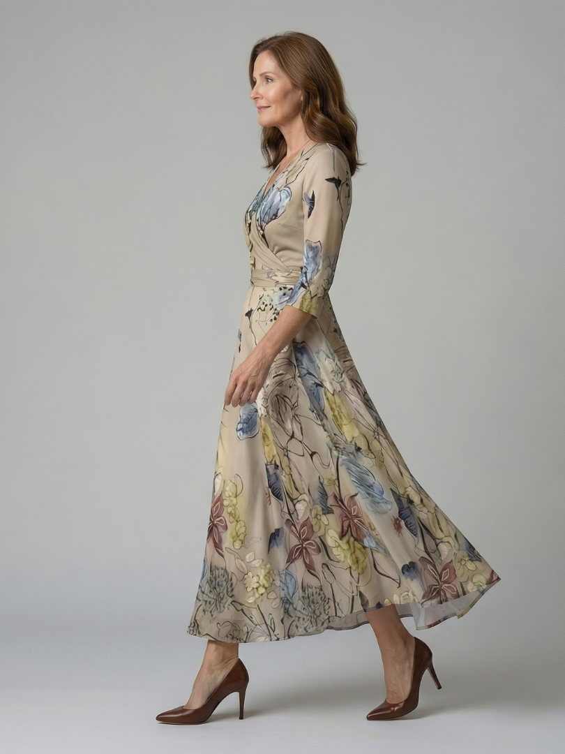 Celeste | Vestido Midi Floral con Escote Cruzado y Manga Tres Cuartos