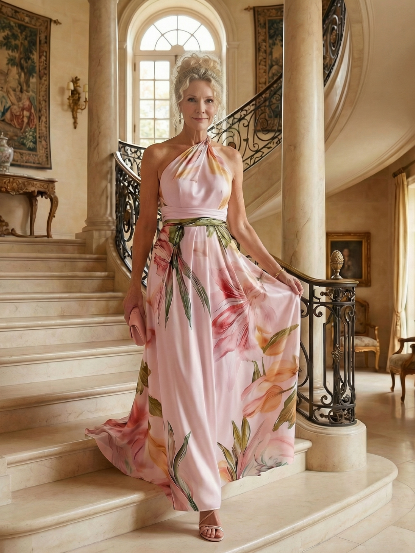 Amiela | Vestido Maxi Halter con Estampado Floral Grande