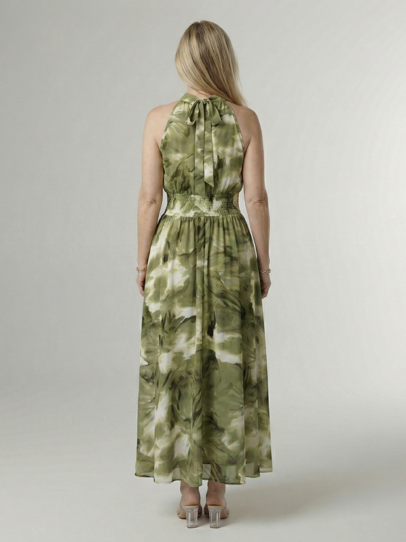Silvana | Vestido Midi Halter con Cintura Fruncida