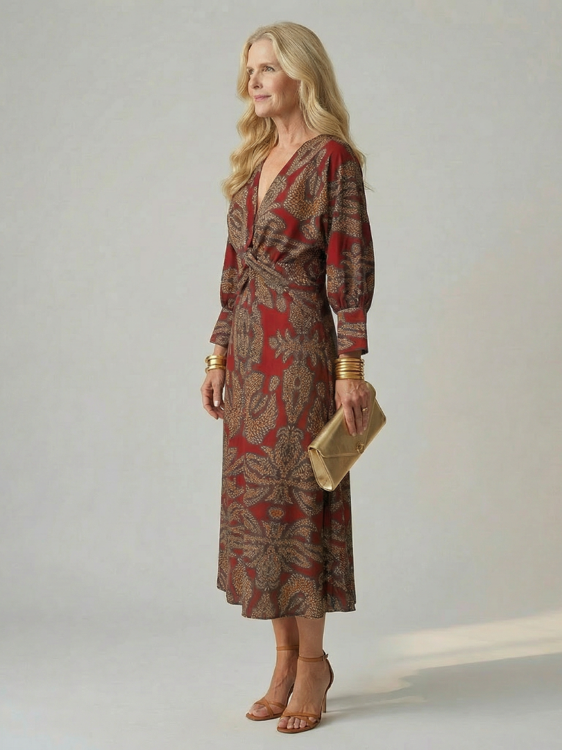 Luna | Vestido Midi Cruzado de Manga Larga con Estampado Natural