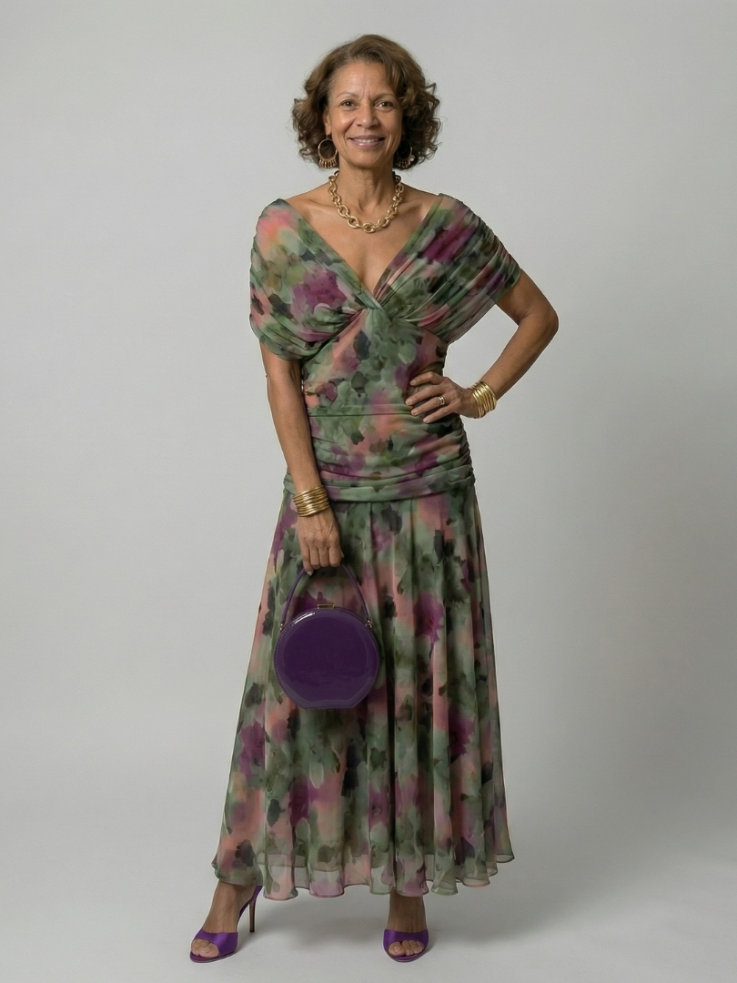 Calena | Vestido Midi Off-Shoulder con Escote Drapeado