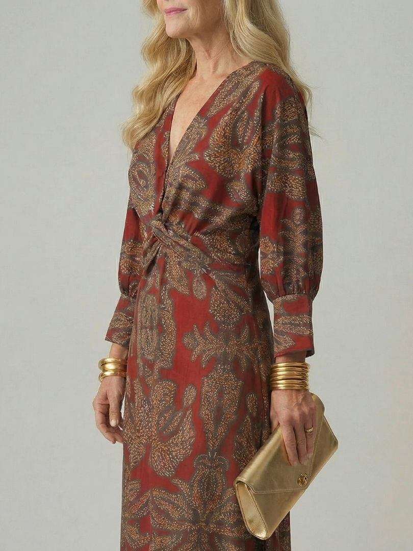 Luna | Vestido Midi Cruzado de Manga Larga con Estampado Natural