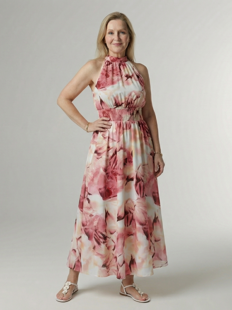 Silvana | Vestido Midi Halter con Cintura Fruncida