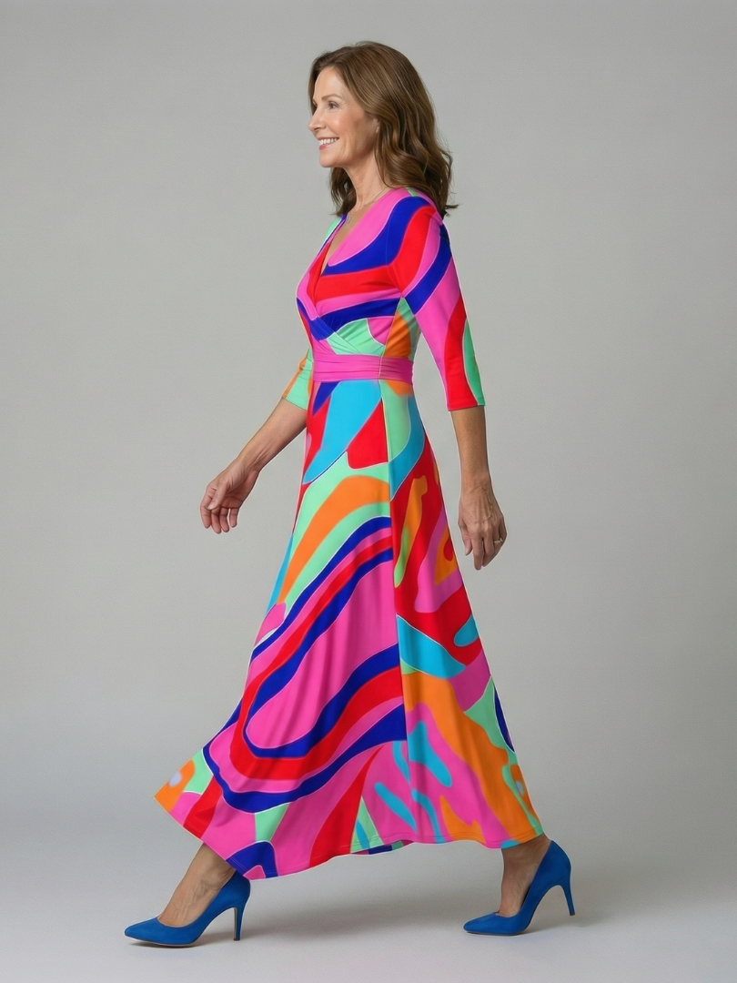 Celeste | Vestido Midi Floral con Escote Cruzado y Manga Tres Cuartos