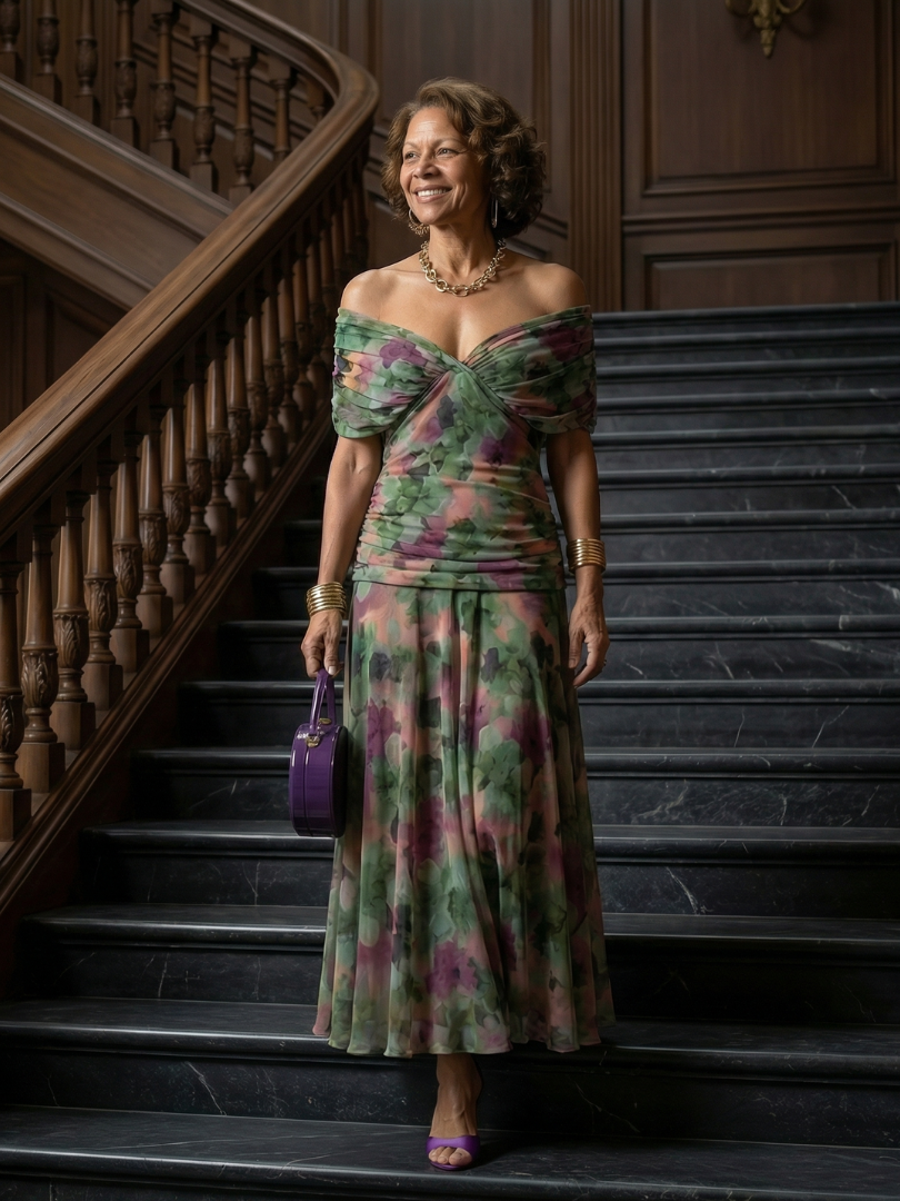 Calena | Vestido Midi Off-Shoulder con Escote Drapeado