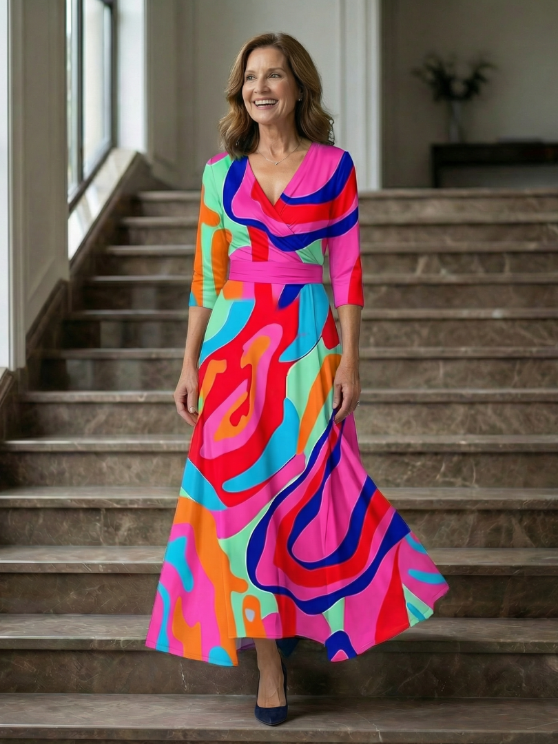 Celeste | Vestido Midi Floral con Escote Cruzado y Manga Tres Cuartos