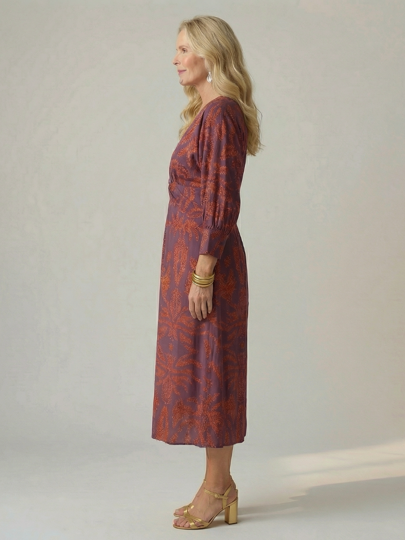 Luna | Vestido Midi Cruzado de Manga Larga con Estampado Natural