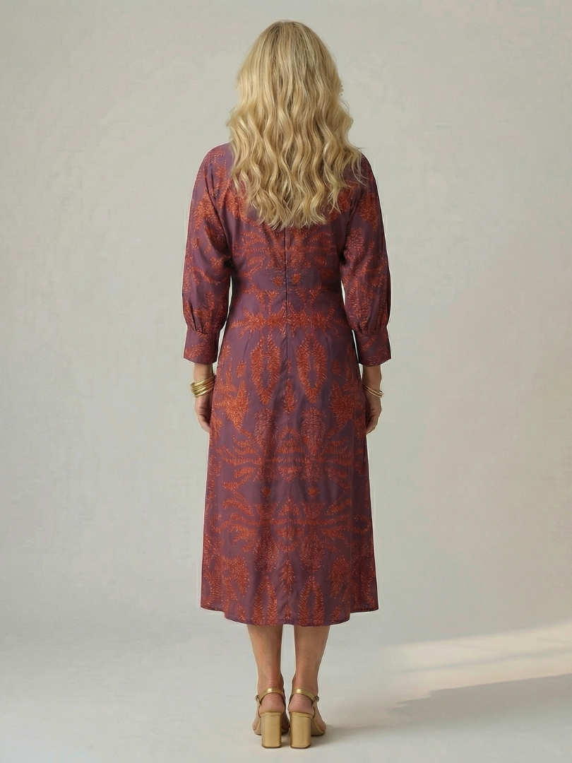 Luna | Vestido Midi Cruzado de Manga Larga con Estampado Natural
