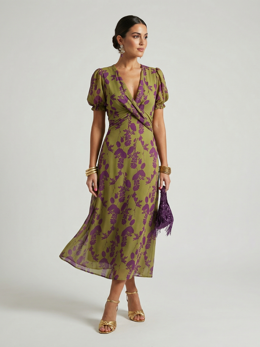 Virena | Vestido Midi Floral Cruzado de Manga Corta