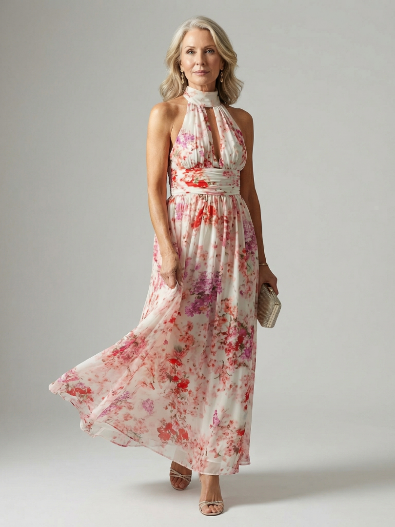 Elyana | Vestido Maxi Floral Halter de Tejido Fluido