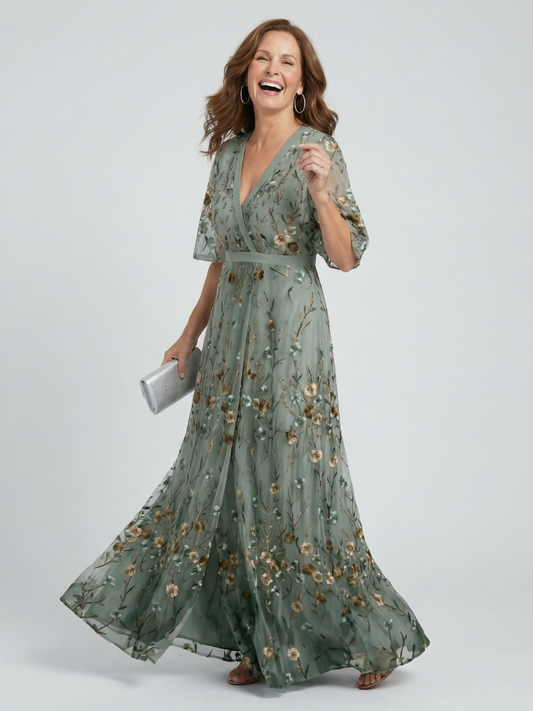 Selena | Vestido Maxi Halter Floral en Verde Salvia