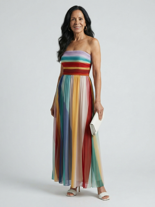 Serena | Vestido Maxi de Rayas Multicolor sin Tirantes