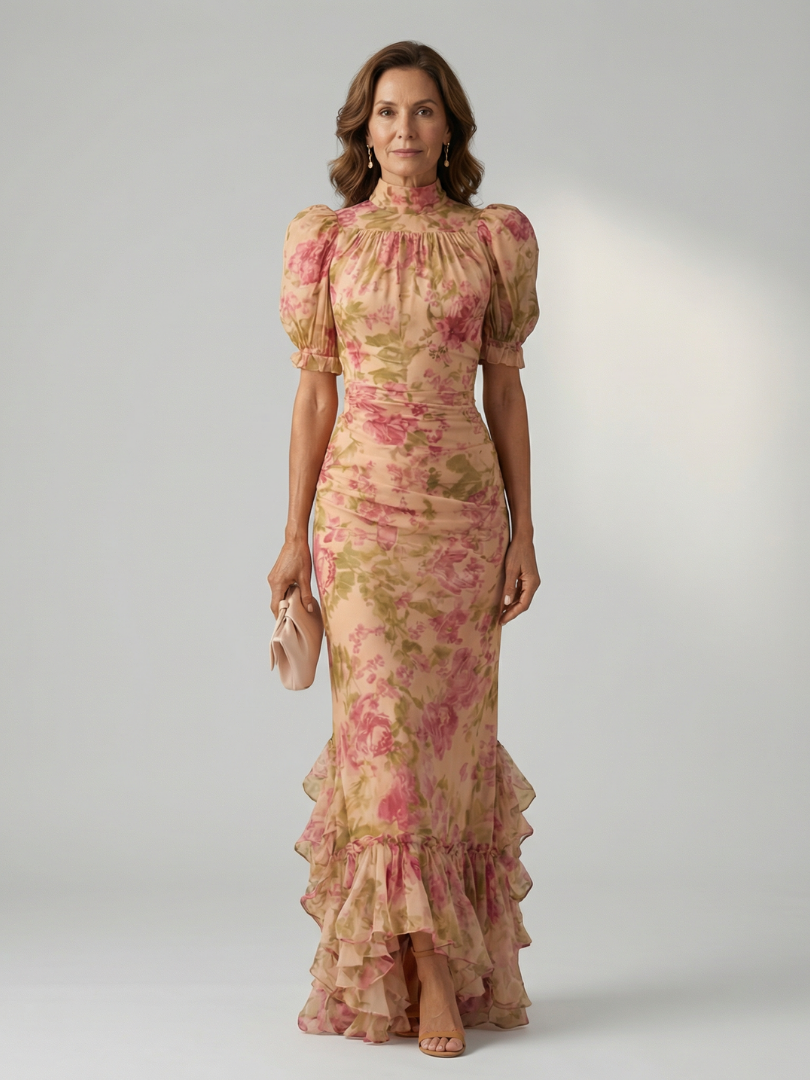 Viviana | Vestido Maxi Floral con Cuello Alto y Manga Abullonada