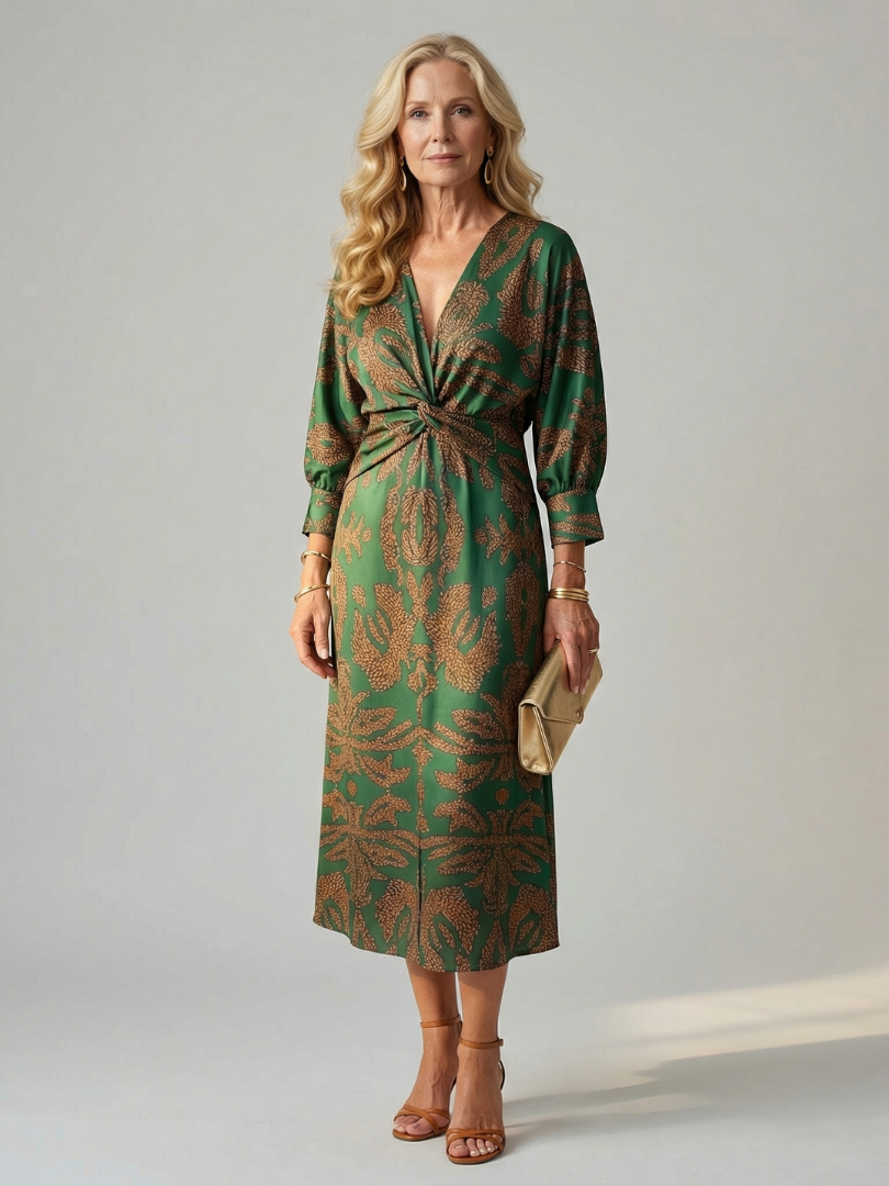 Luna | Vestido Midi Cruzado de Manga Larga con Estampado Natural