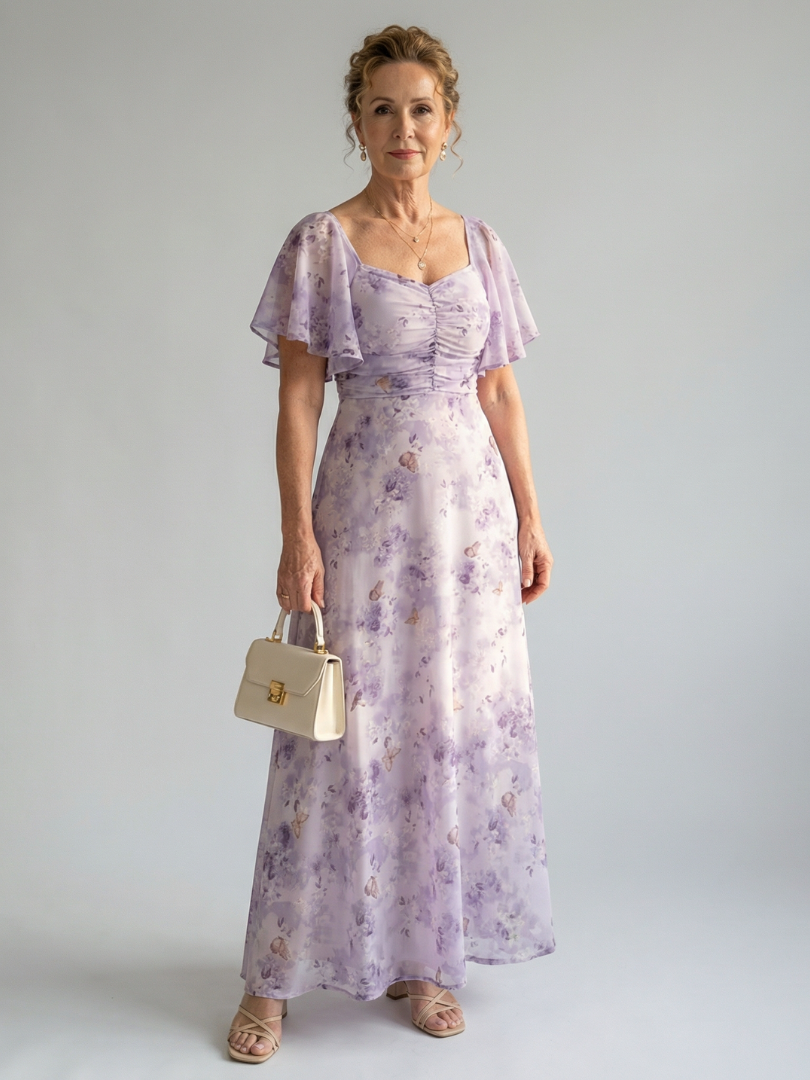 Valentía | Vestido Largo Floral con Manga Mariposa y Escote Cuadrado