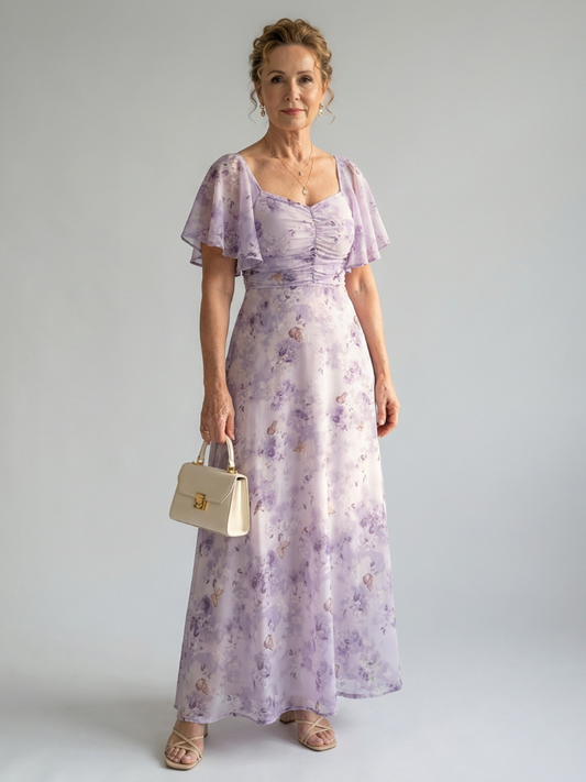 Valentía | Vestido Largo Floral con Manga Mariposa y Escote Cuadrado