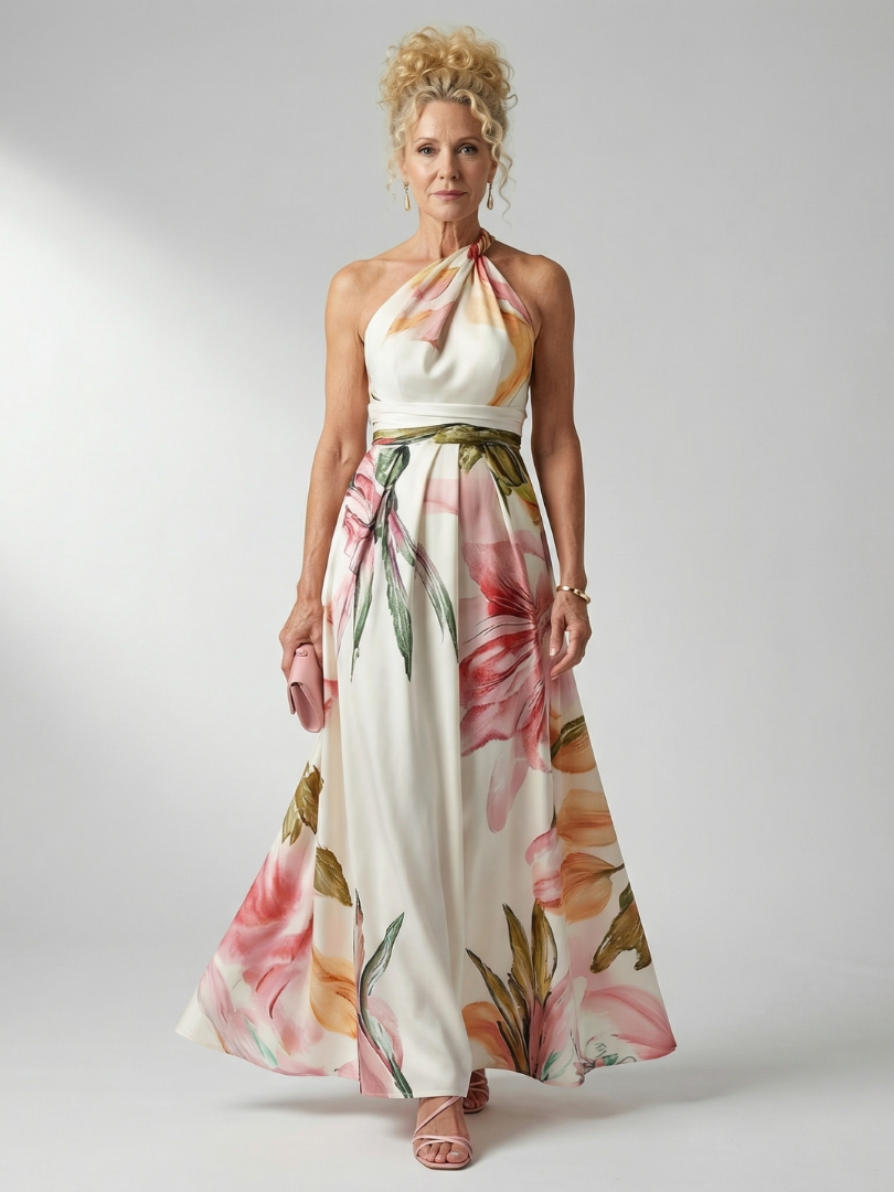 Amiela | Vestido Maxi Halter con Estampado Floral Grande