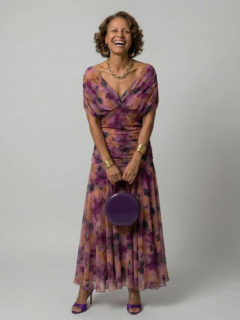 Calena | Vestido Midi Off-Shoulder con Escote Drapeado
