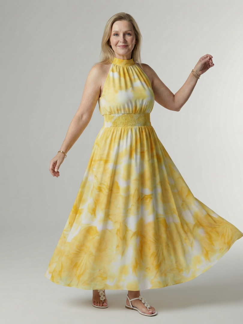 Silvana | Vestido Midi Halter con Cintura Fruncida