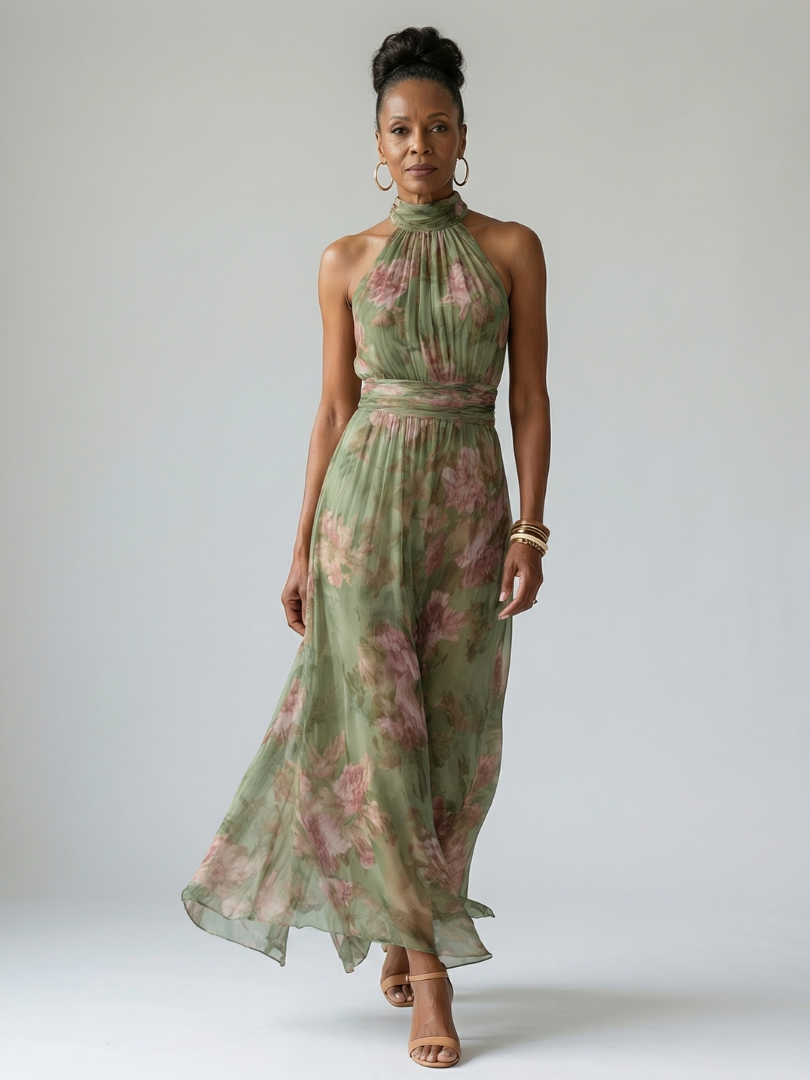 Mirella | Vestido Midi Halter Floral con Detalle Fruncido