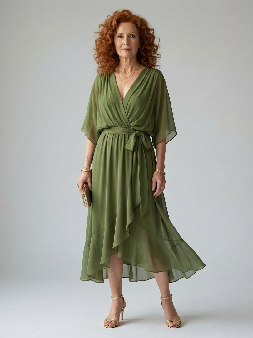 Elvira | Vestido Midi Drapeado con Cinturón y Manga Codo
