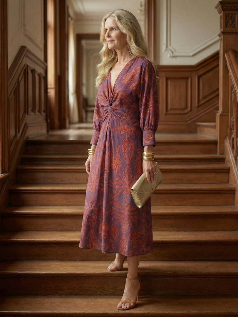 Luna | Vestido Midi Cruzado de Manga Larga con Estampado Natural