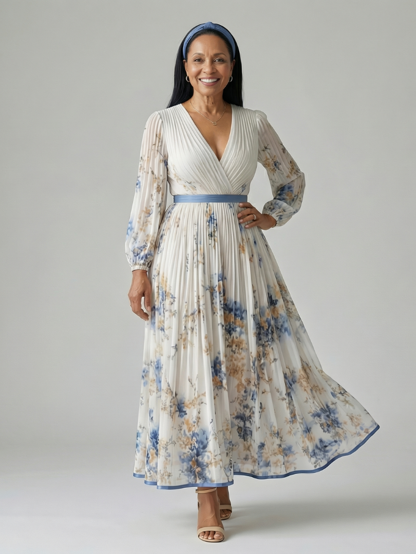 Riana | Vestido Midi Cruzado Floral con Falda Plisada y Manga Larga