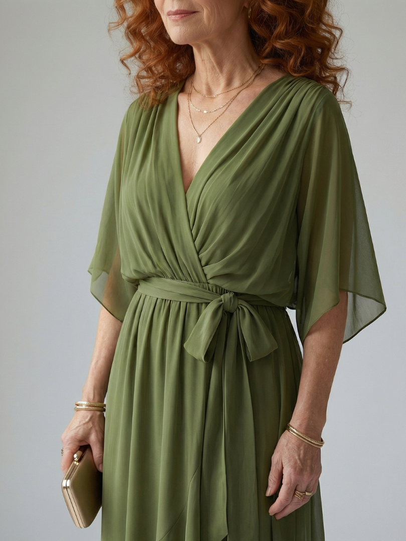 Elvira | Vestido Midi Drapeado con Cinturón y Manga Codo