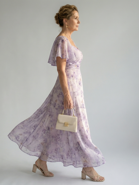 Valentía | Vestido Largo Floral con Manga Mariposa y Escote Cuadrado