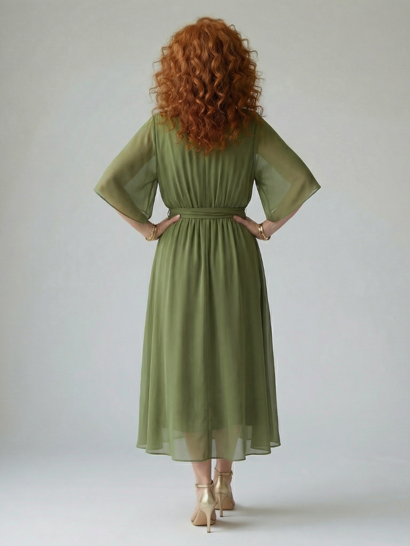 Elvira | Vestido Midi Drapeado con Cinturón y Manga Codo