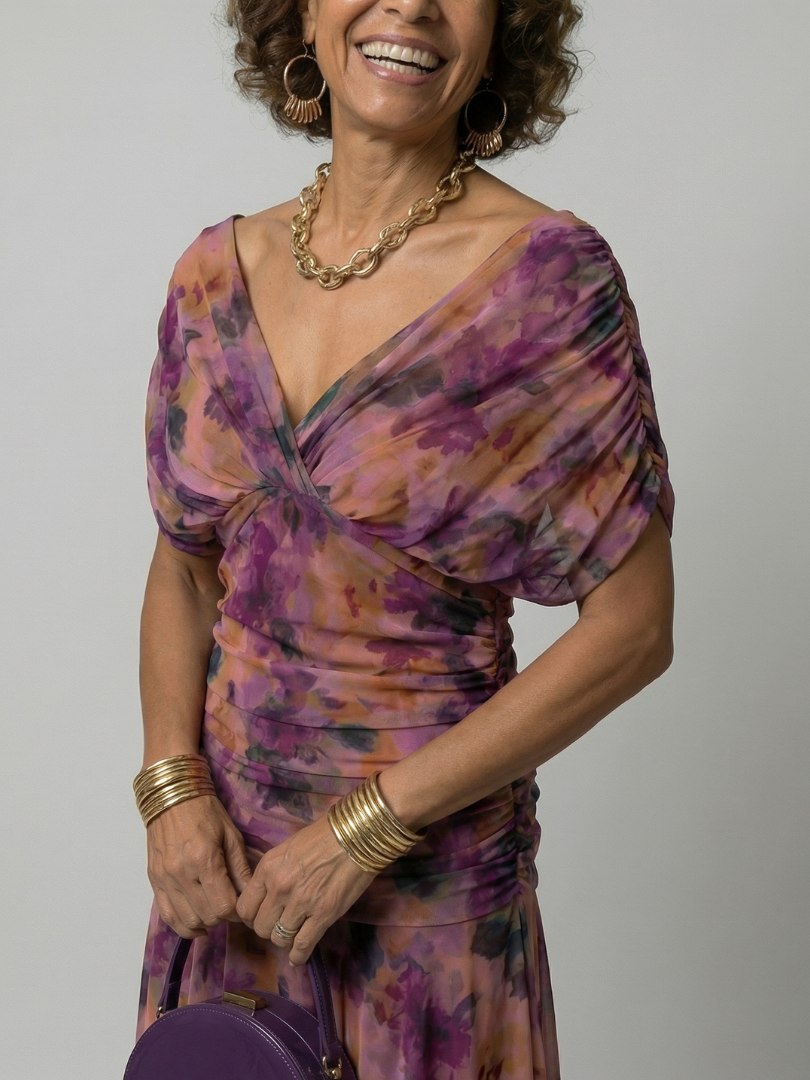 Calena | Vestido Midi Off-Shoulder con Escote Drapeado