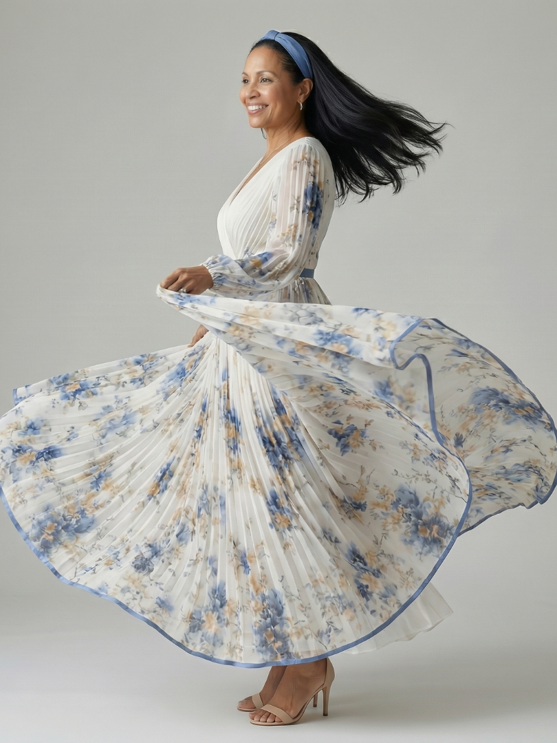 Riana | Vestido Midi Cruzado Floral con Falda Plisada y Manga Larga