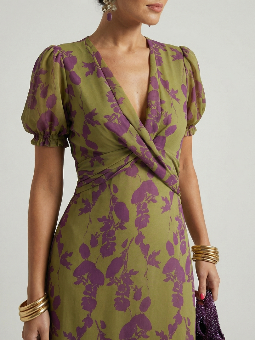 Virena | Vestido Midi Floral Cruzado de Manga Corta