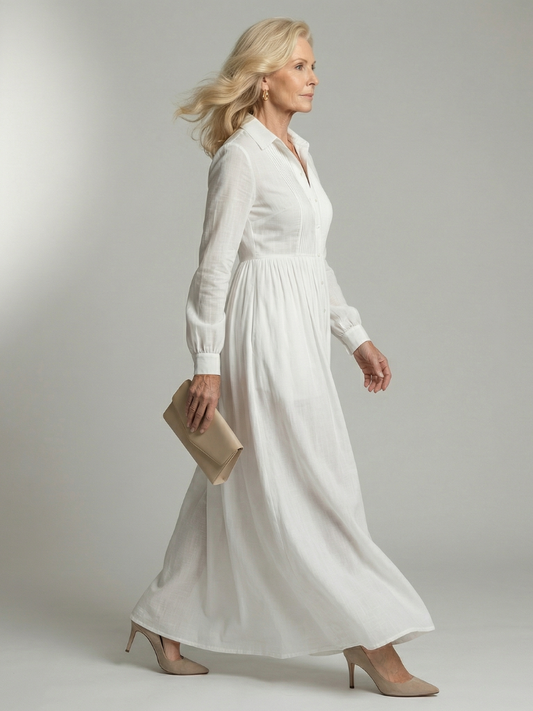 Lorena | Vestido Maxi Blanco de Manga Larga con Botones y Bolsillos