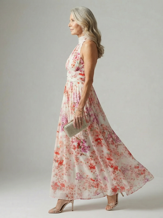 Elyana | Vestido Maxi Floral Halter de Tejido Fluido