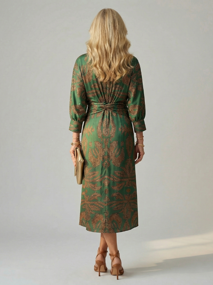 Luna | Vestido Midi Cruzado de Manga Larga con Estampado Natural
