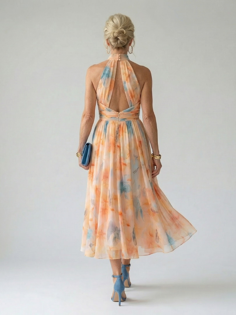 Elina | Vestido Midi Halter con Detalle Fruncido